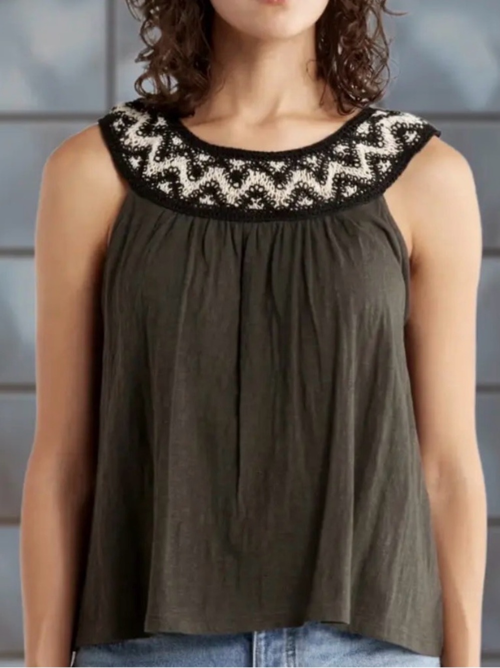 Lucky Brand Olive Green Tank with Black & White Crochet Yoke